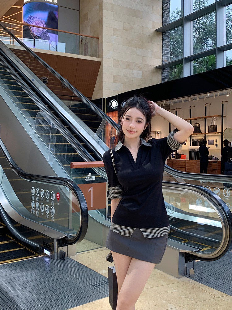 ''Na+''知性乖乖牌 polo拼色假兩件式簡約上衣