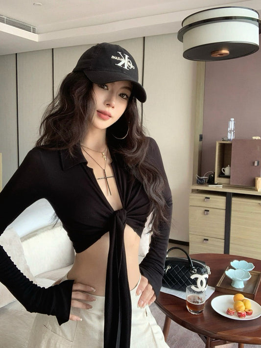 NA+ 性感辣妹polo領短款綁帶上衣 黑