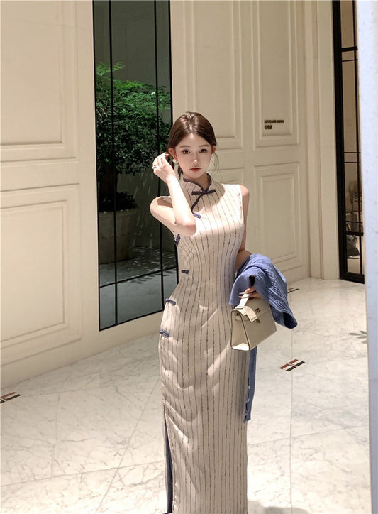 NA+ 海鹽中式盤扣條紋印花旗袍裙 針織外開衫藍色