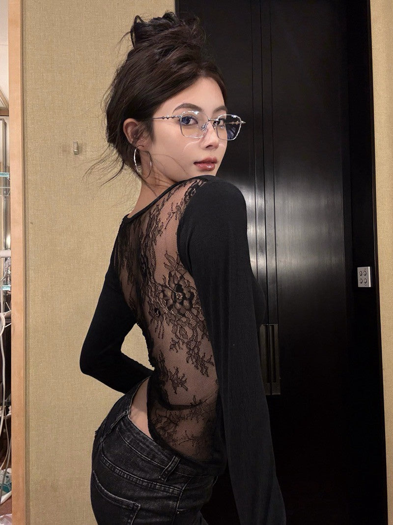 Na+ 性感美背蕾絲棉設計感上衣 黑