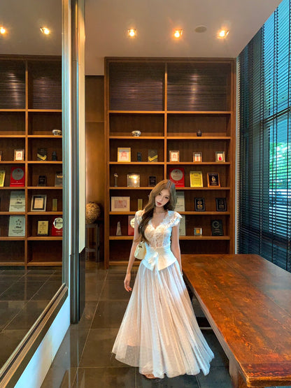 NA+ 驚艷絕美白色波點裙 法式收腰蕾絲無袖上衣