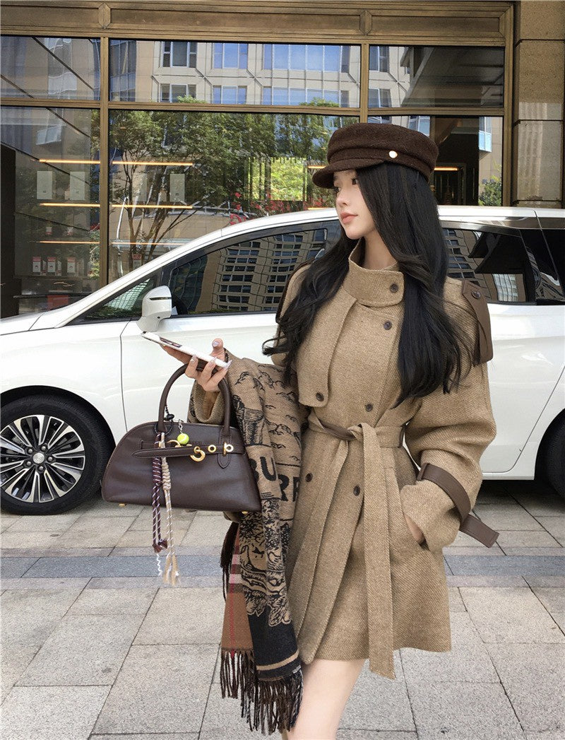 NA+ 舊夢赫卡厚磅毛呢雙排扣外套 卡茶色