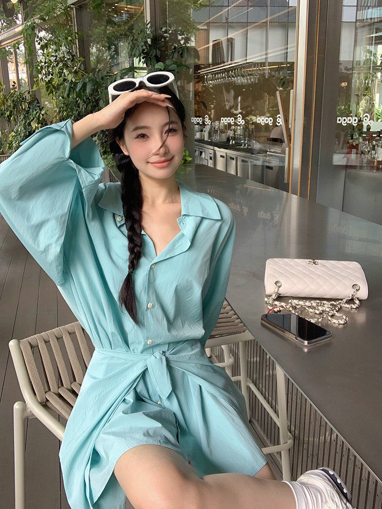 ''Na+''韓系糖果衫 法式綁帶收腰襯衫裙 薄荷藍