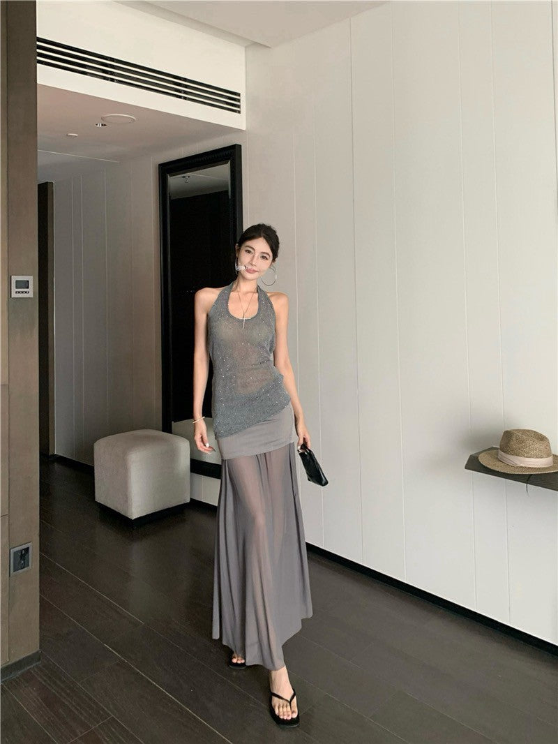 Na+ 歐美閃亮銀編美背背心 拼接透視半身裙 灰