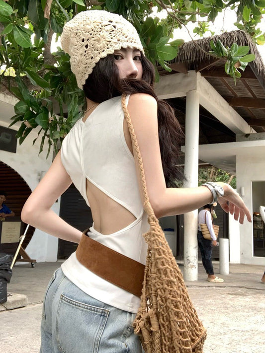 NA+ 美式簡約美腰縷空背心 白/黑