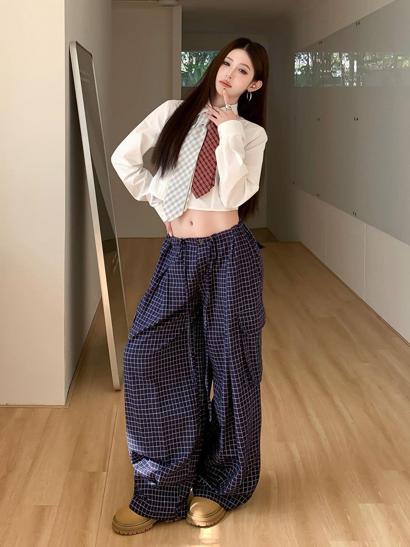 NA+ 美式學院設計感領帶襯衫 百搭格紋休閒褲
