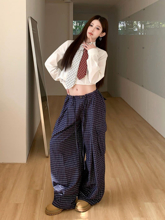 NA+ 美式學院設計感領帶襯衫 百搭格紋休閒褲