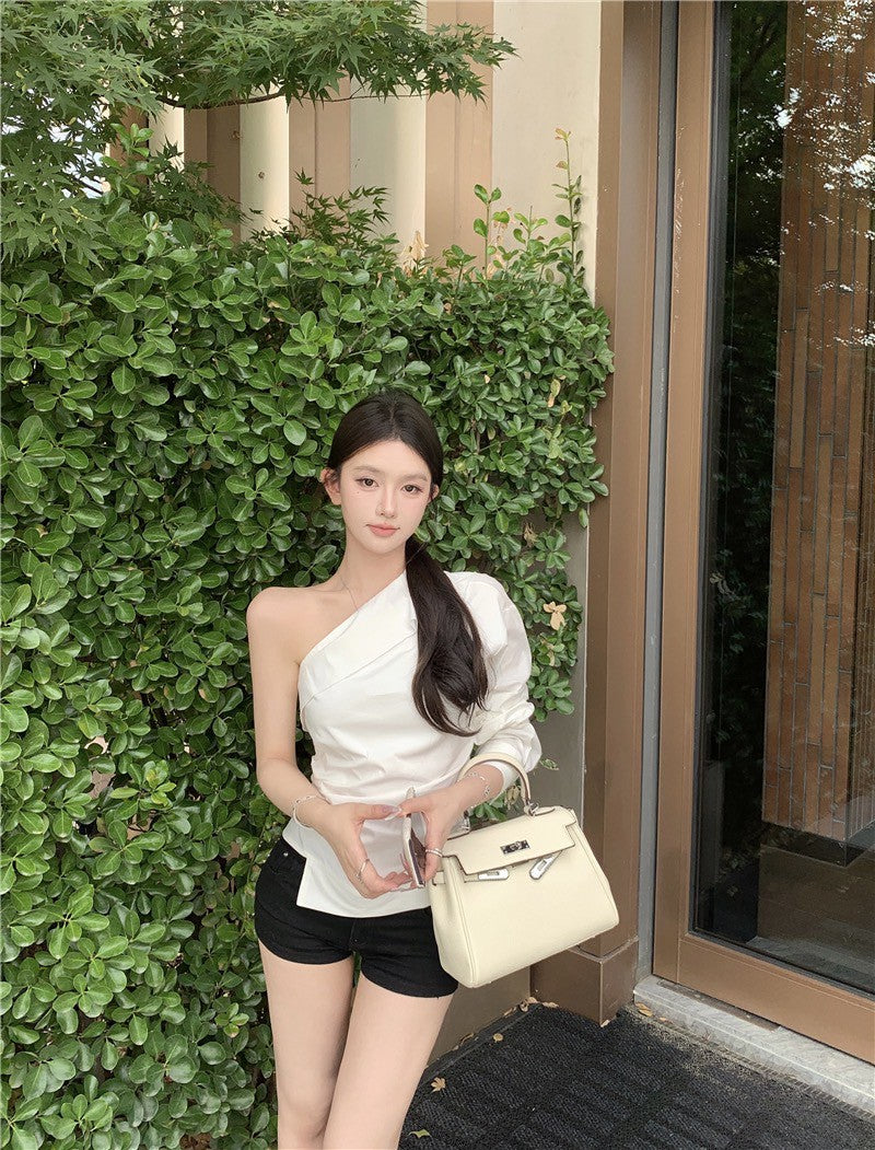 NA+ 設計感單肩收腰白色襯衫