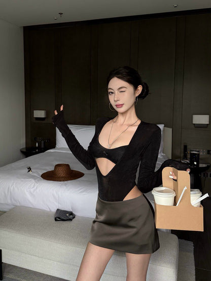 NA+ 跟上風潮內衣外穿2件式蕾絲連體衣 紅/黑