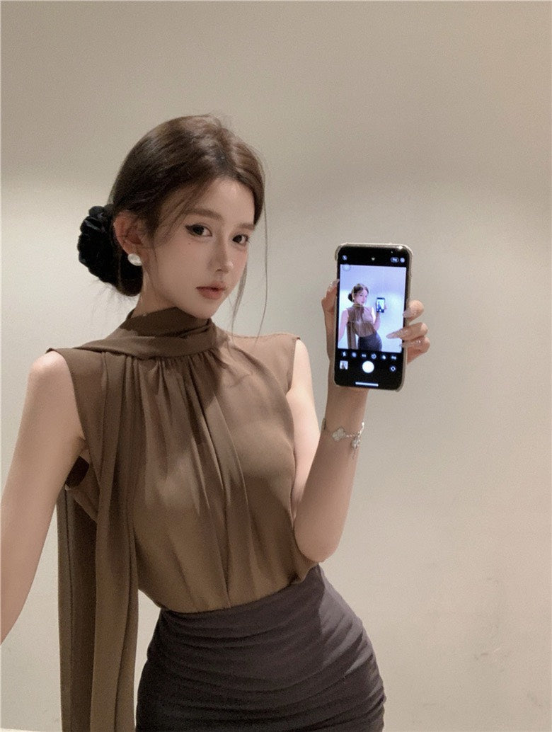 NA+ 溫柔製造 美學飄帶雪紡背心 咖