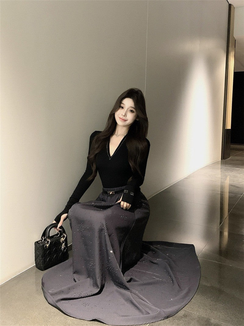 NA+ 輕奢復古修身上衣 燙鑽大裙擺半身裙 黑