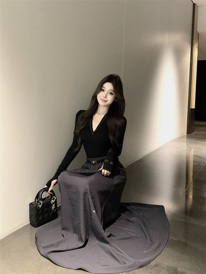 NA+ 輕奢復古修身上衣 燙鑽大裙擺半身裙 黑