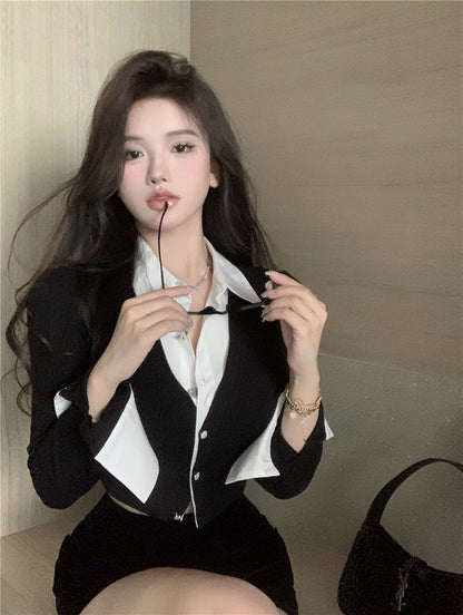 Na+ 韓女秘書 假兩件撞色襯衫短款上衣 黑