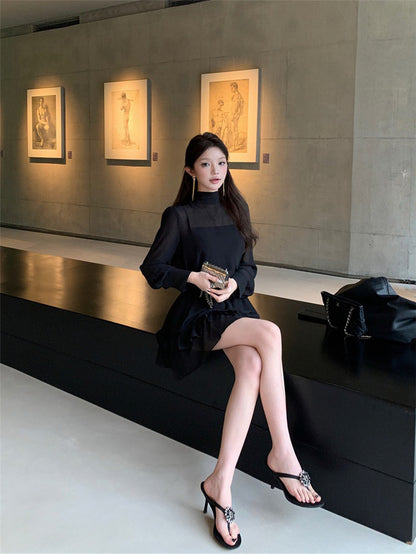 NA+ 超人氣主播透紗2件式上衣 荷葉半身裙 黑