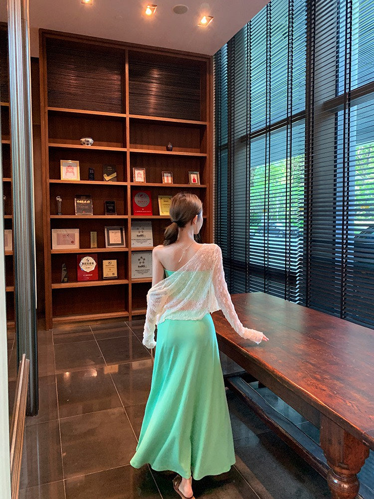 NA+ 度假風情小清新綠色抹胸 大裙擺半身裙 透感防曬外套