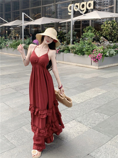 Na+復古度假V領收腰垂墜顯瘦洋裝 酒紅
