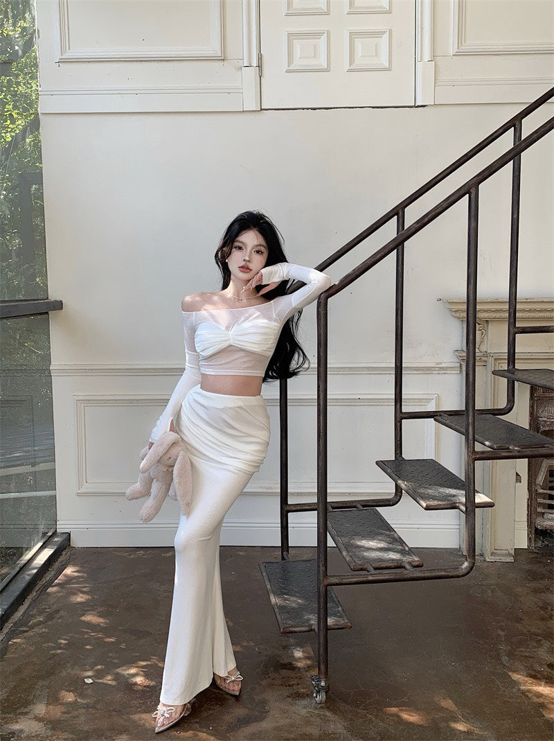 NA+ 鎏光漫步裙/透紗一字領修身上衣  白