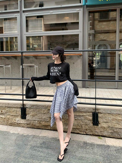 NA+ 百搭休閒空調雪花棉上衣 白/黑 不規則格紋半身裙 黑
