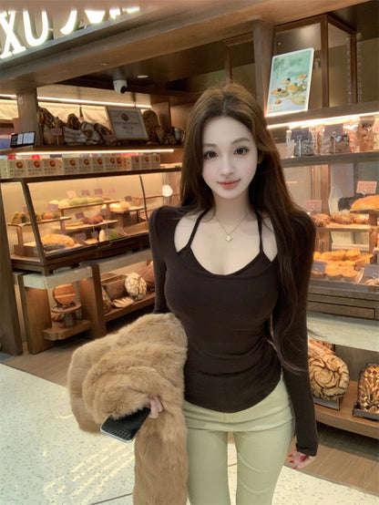 NA+ 性感小心機假兩件式綁帶上衣 咖/黑