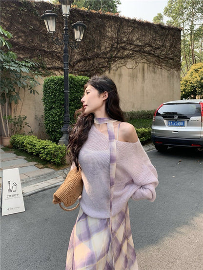 Na+ 溫柔紫調 復古格紋不規則裙擺連身裙 疊穿罩衫
