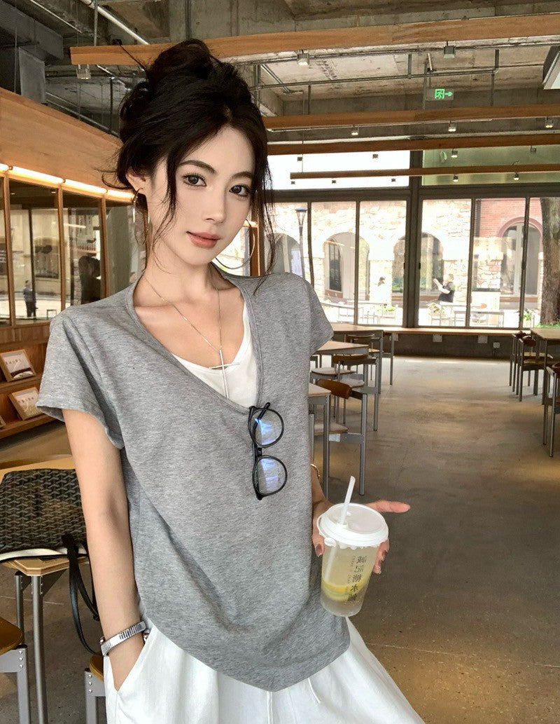 NA+ 寬鬆假兩件慵懶雪花棉T恤 白/灰