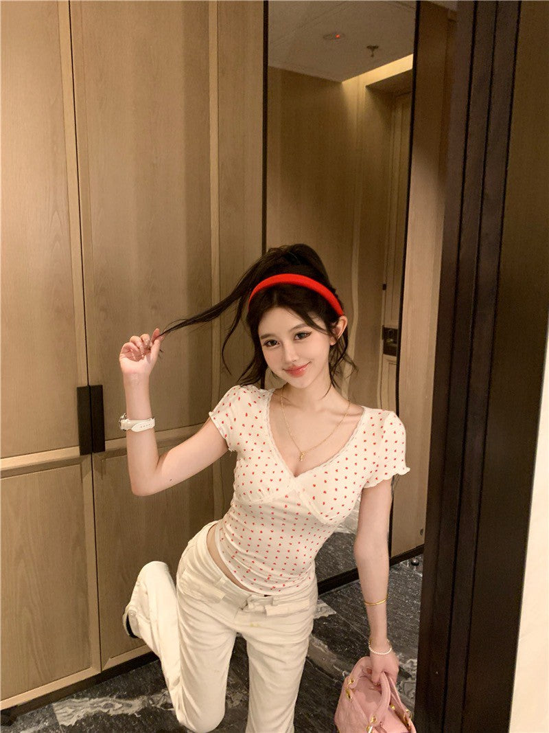 Na+ 韓系香奶奶 蕾絲修身薄款上衣 愛心印花款