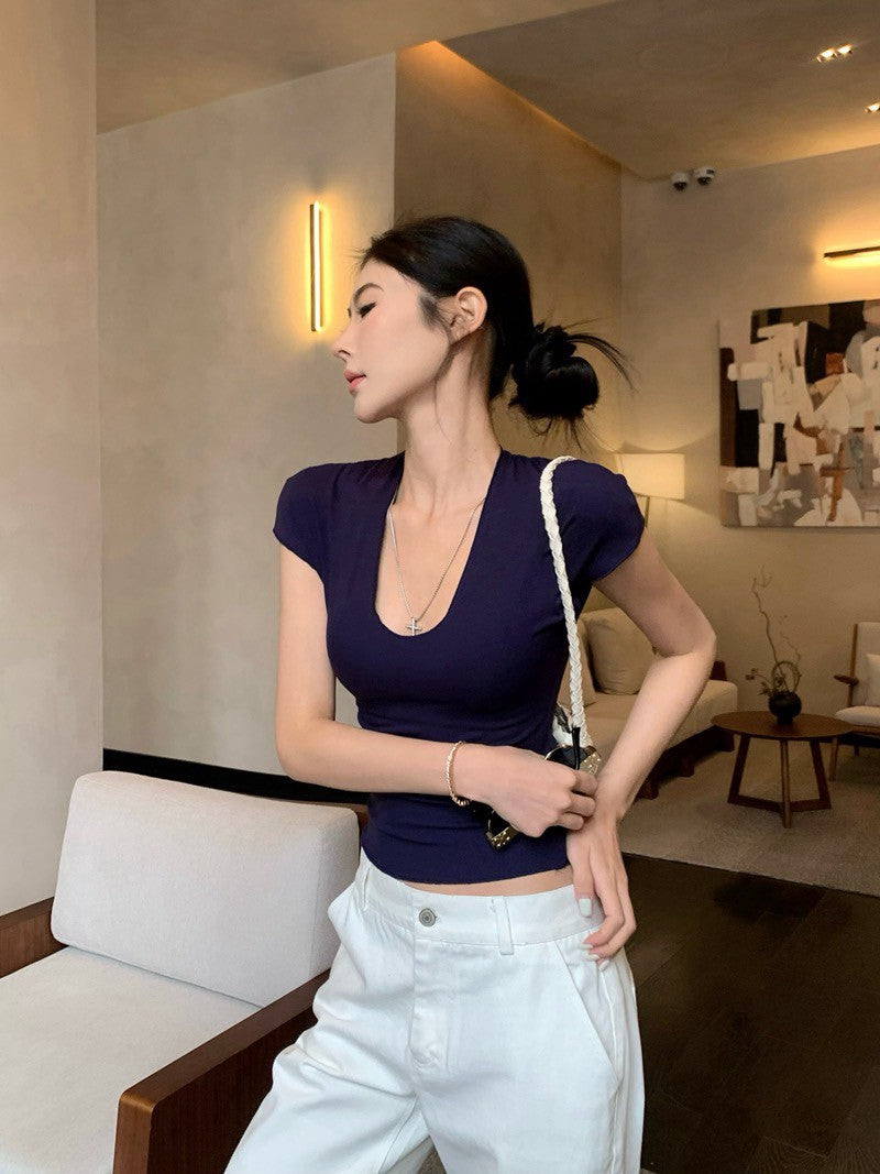 Na+ 高級簡約鎖骨面膜tee 卡其/藏藍