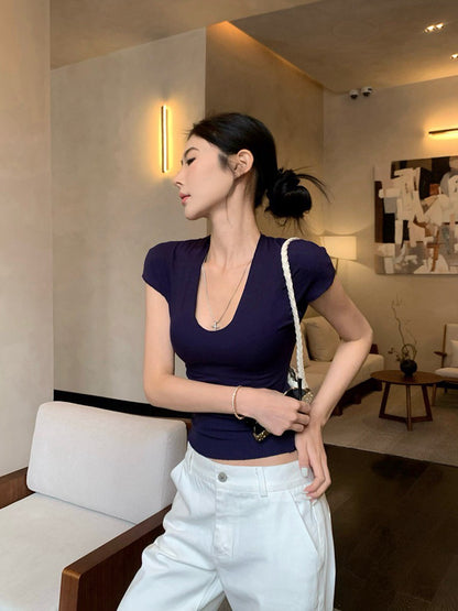 Na+ 高級簡約鎖骨面膜tee 卡其/藏藍