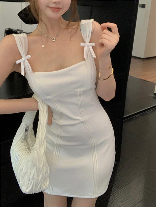 NA+ 復古浪漫肩紗拼接裙 白