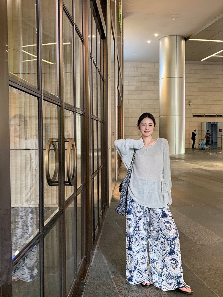 ''Na+''清冷大姐姐 露背縷空寬鬆長袖上衣 復古印花休閒褲