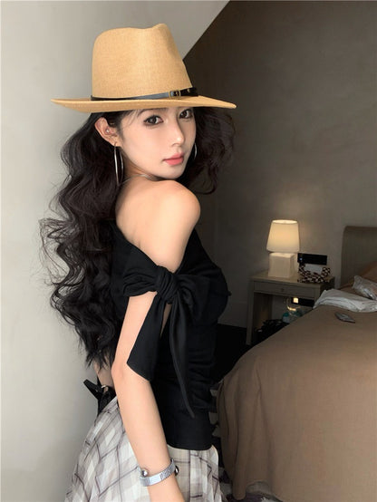 NA+ 隨心搭一套 斜肩綁帶黑色上衣 格紋百搭半身裙