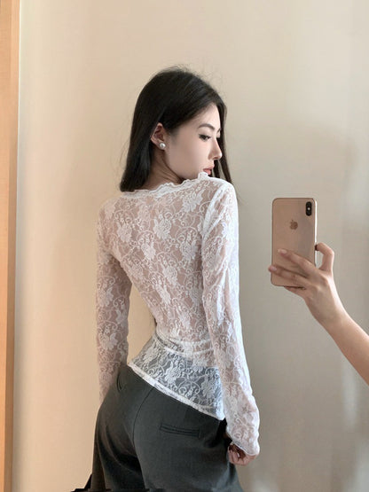 NA+ 不簡單打底蕾絲拼接針織上衣 白/黑