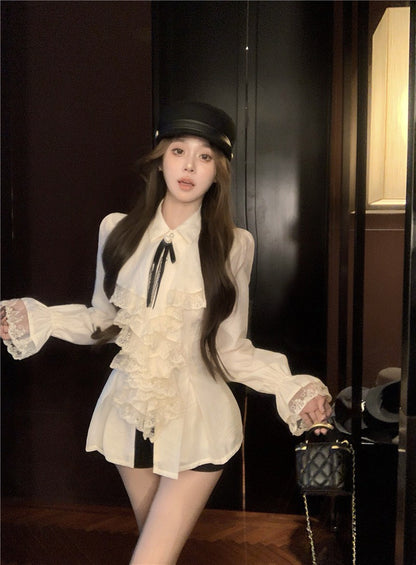 NA+ 法式女爵 宮廷蕾絲荷葉收腰襯衫