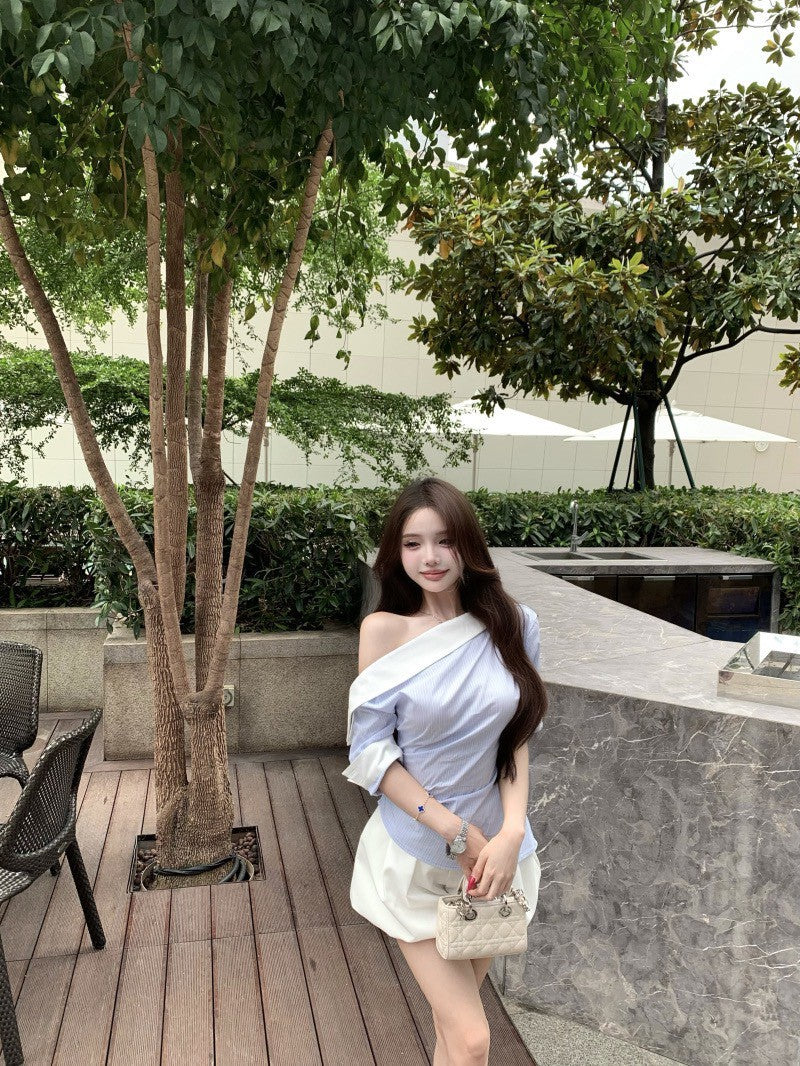 NA+ 通勤斜肩拼色條紋襯衫 白色花苞褲