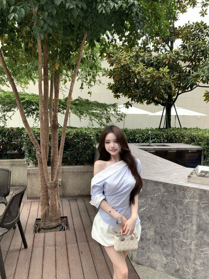 NA+ 通勤斜肩拼色條紋襯衫 白色花苞褲