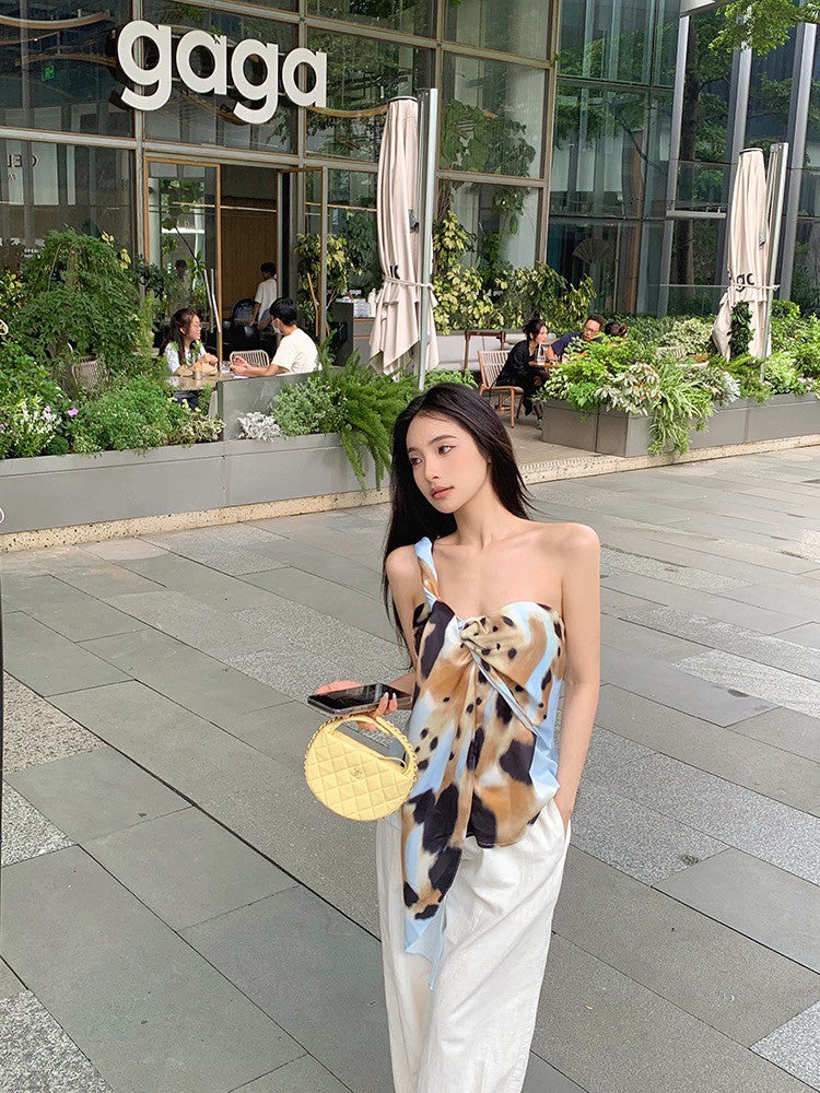 NA+ 沫花暈染不規則扭結飄帶上衣