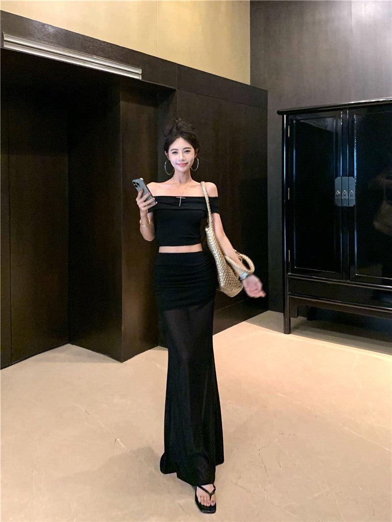 NA+ 主角光環一字領顯瘦上衣 網紗拼接裙 黑