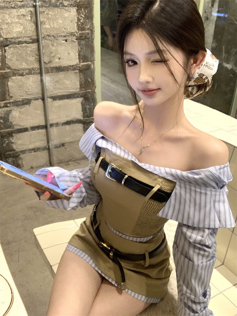 NA+ 拼接碰撞 一字領條紋工裝上衣/半身裙