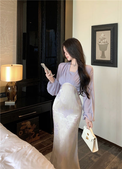 NA+ 古典系美人復古緞面印花拼接連身裙 紫