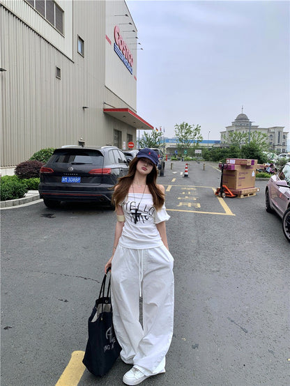 NA+ 墜愛白色系 簡約字母修身上衣/休閒褲