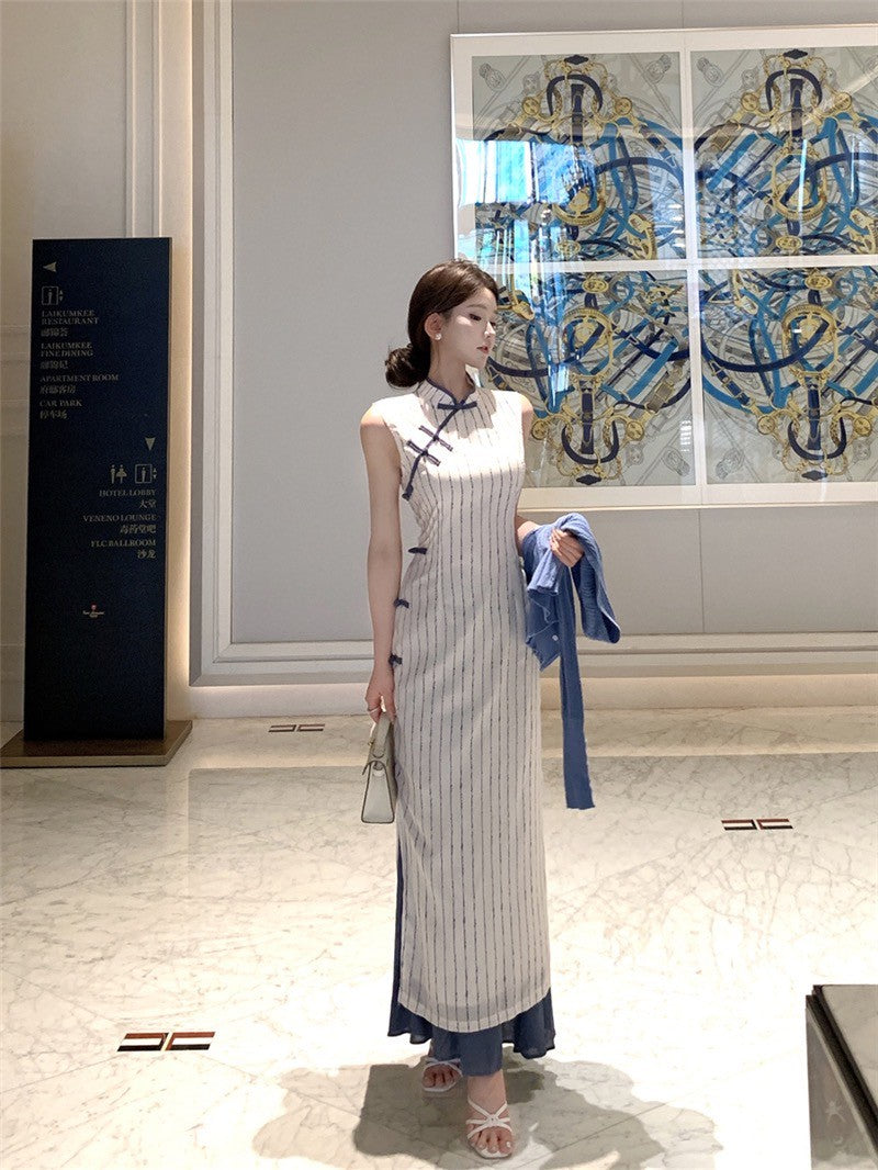 NA+ 海鹽中式盤扣條紋印花旗袍裙 針織外開衫藍色