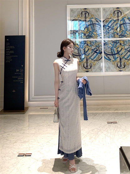 NA+ 海鹽中式盤扣條紋印花旗袍裙 針織外開衫藍色