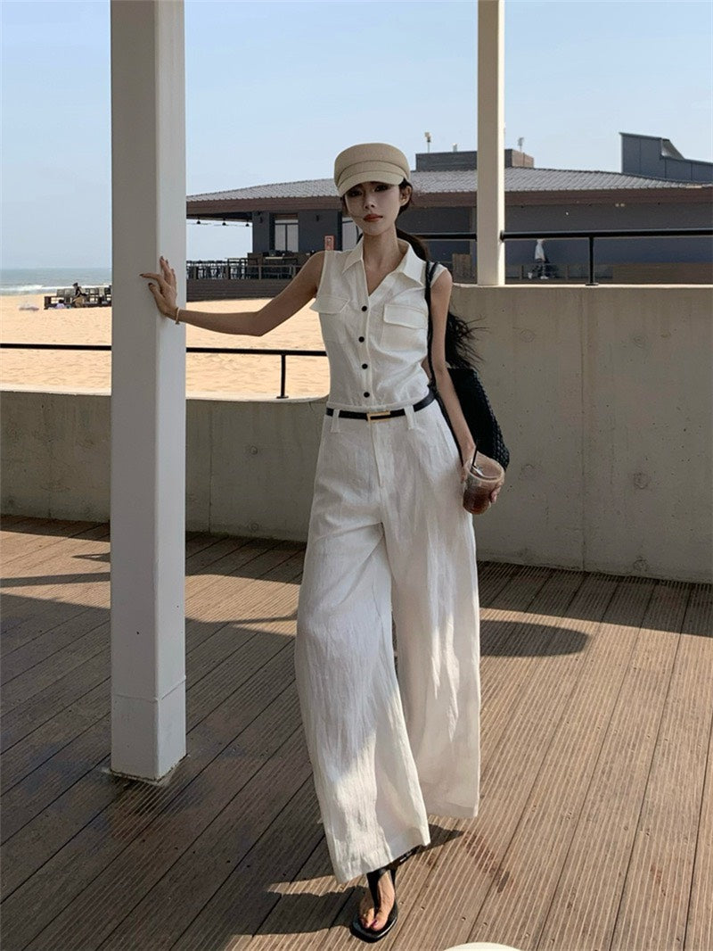 NA+ 老錢vibe 高量亞麻簡約背心/高腰休閒褲 白