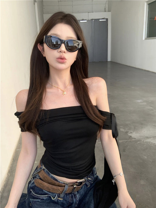 NA+ 純慾系 蝴蝶結側飄帶顯瘦上衣 黑