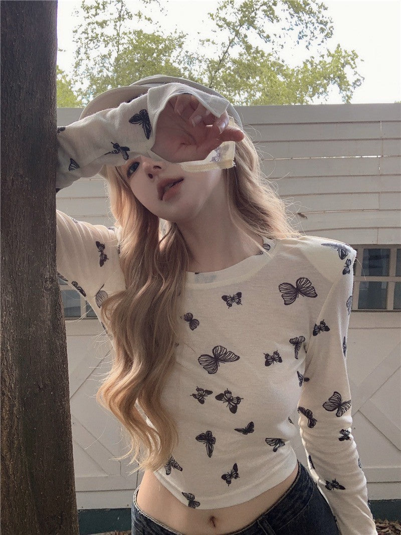 Na+ Lucky蝴蝶印花透視彈力上衣 杏