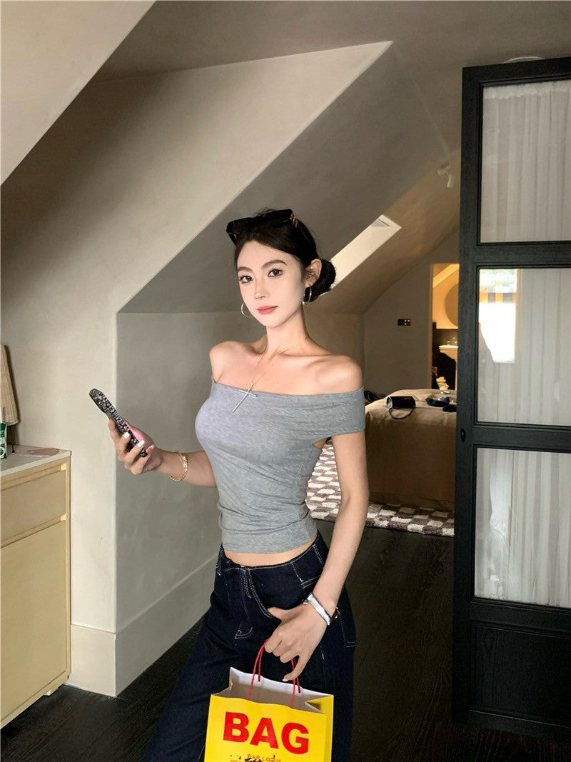 Na+ 歐美辣妹不規則一字露背彈力上衣 灰/黑