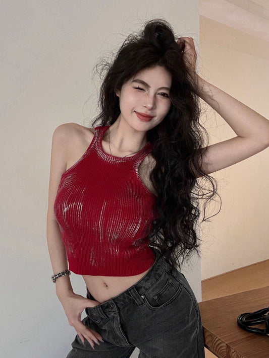 NA+ 手繪渣染彈力短款削肩背心 紅/咖