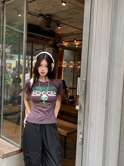 ''Na+''美式玩家 正肩後背縷空印花上衣 白/灰