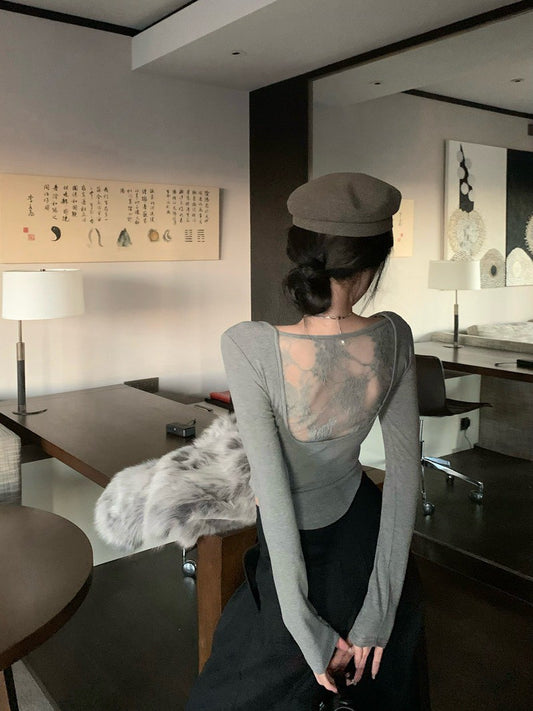 NA+ U領帶胸墊美背蕾絲上衣 杏/灰