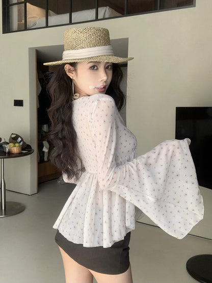 NA+ 花紗雪紡渡假休閒高腰綁帶罩衫